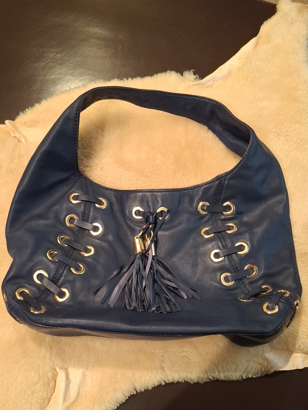 Michael Kors Navy Leather Tassel Hobo Shoulder Bag